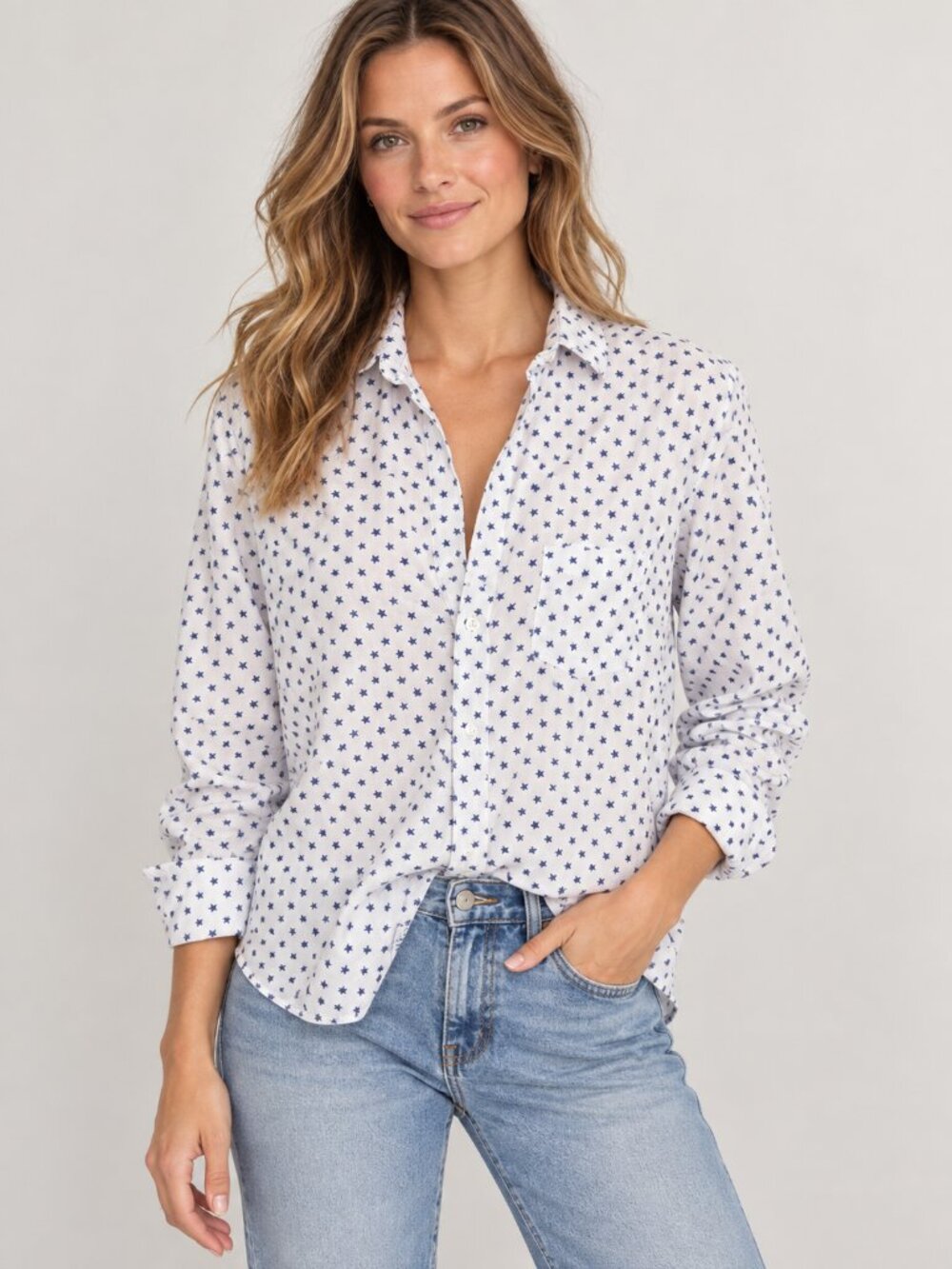 Frank & Eileen Star Print Button Down Shirt Size Small Navy White Cotton